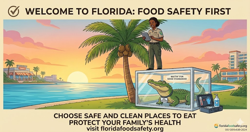 Florida food safety inspector reviewing health inspection standards at a restaurant — choose safe and clean places to eat, FloridaFoodSafety.org